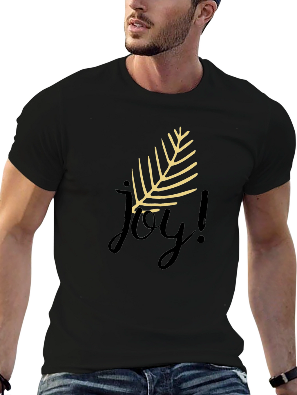 Joyful Black T-Shirt with Leaf Design