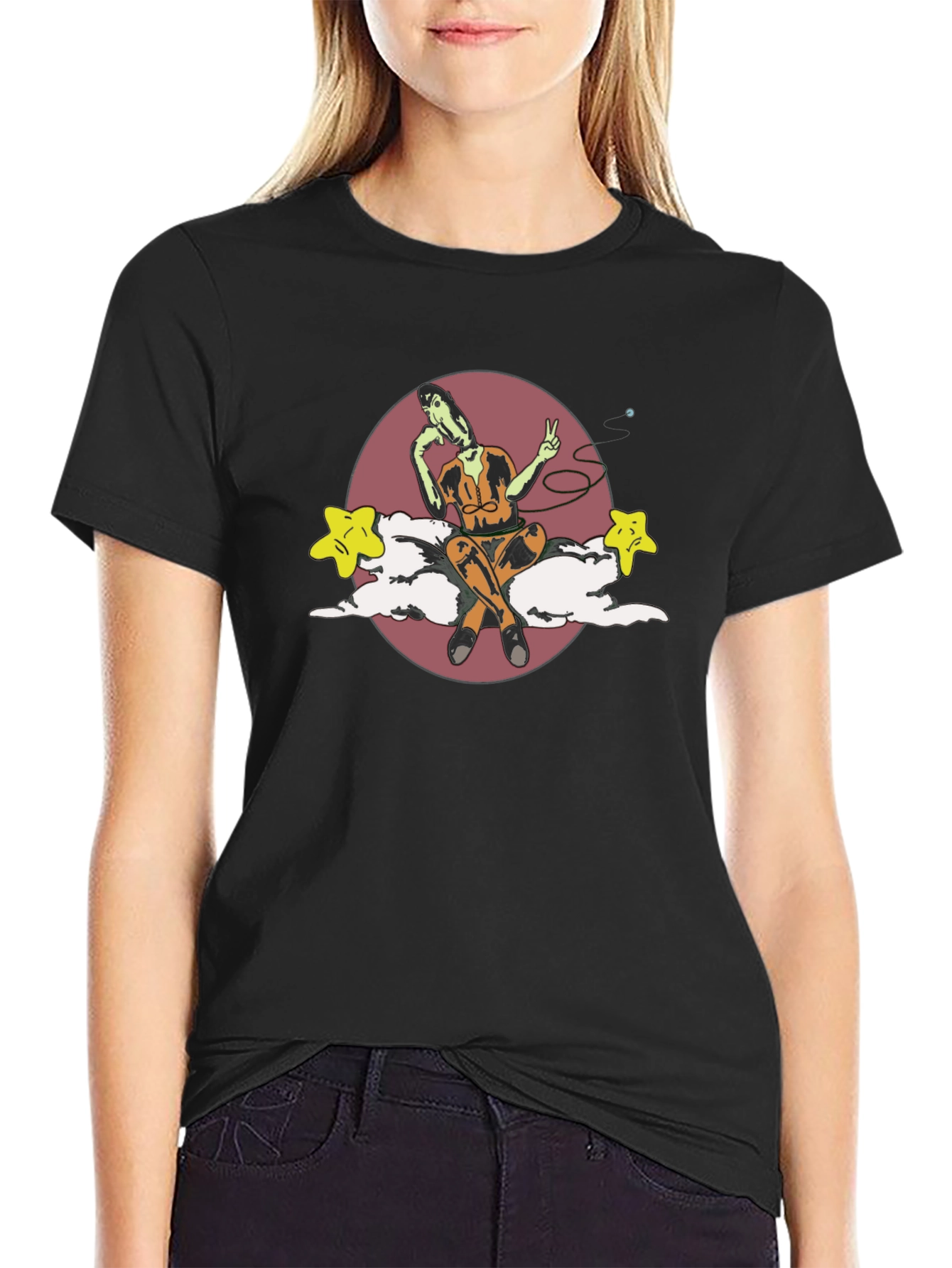 Surreal Cartoon Graphic Tee - Soft Black Cotton