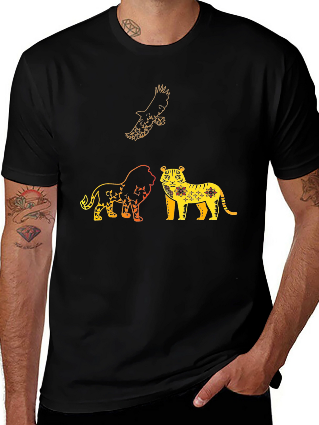 Lion Tiger Eagle Graphic Print T-Shirt