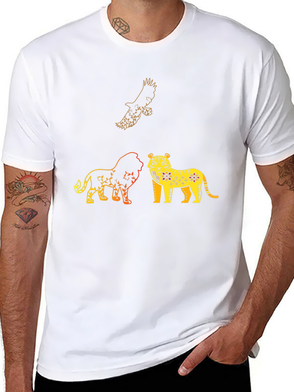 Lion Tiger Eagle Graphic Print T-Shirt