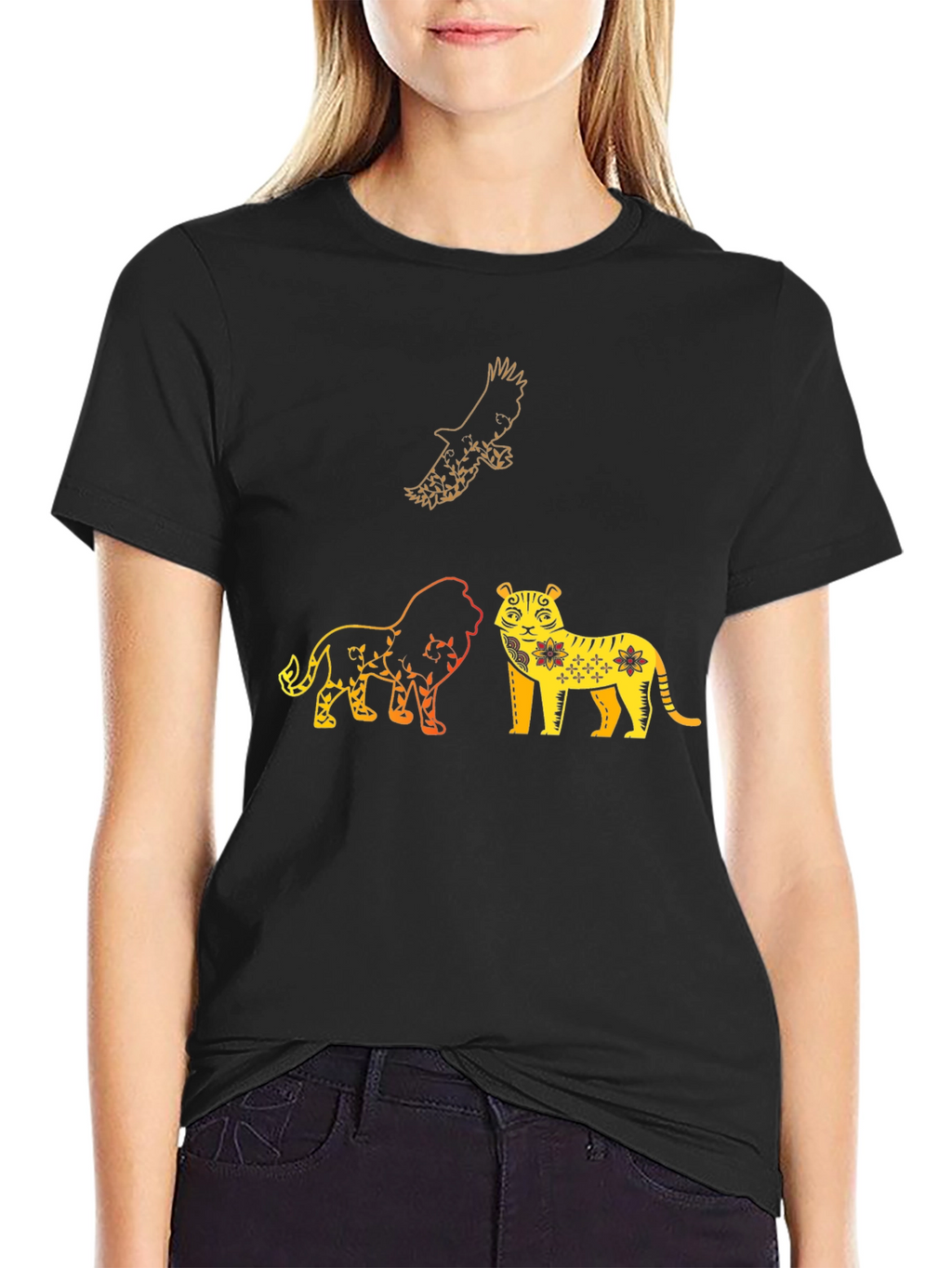 Lion Tiger Eagle Graphic Print T-Shirt