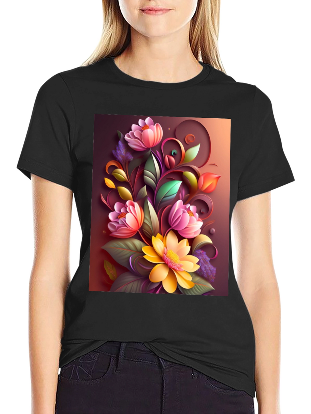 Floral Design Black T-Shirt