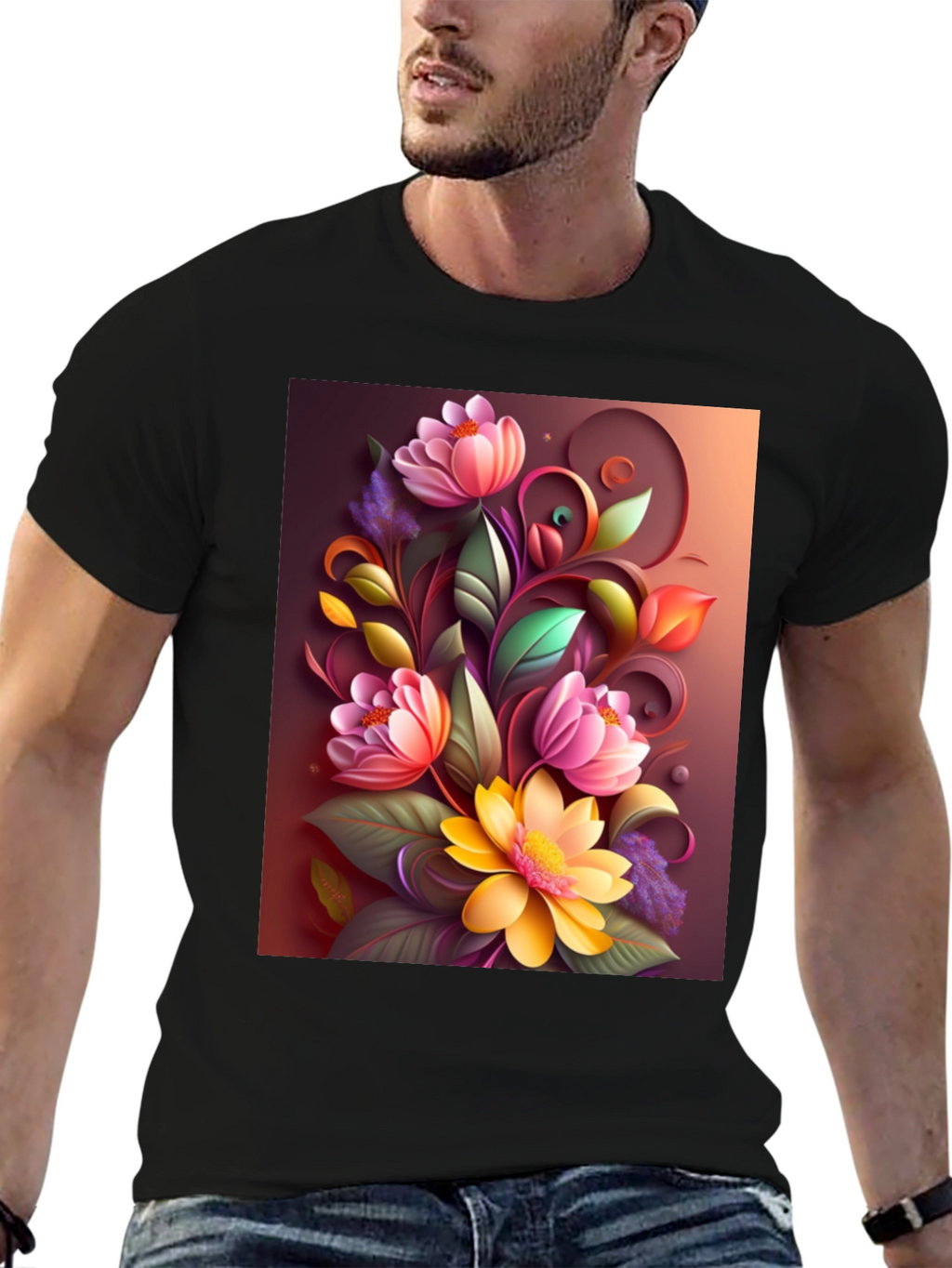 Floral Design Black T-Shirt