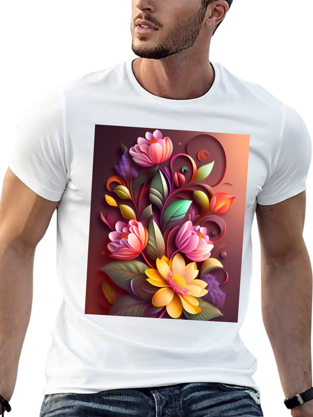 Floral Design Black T-Shirt