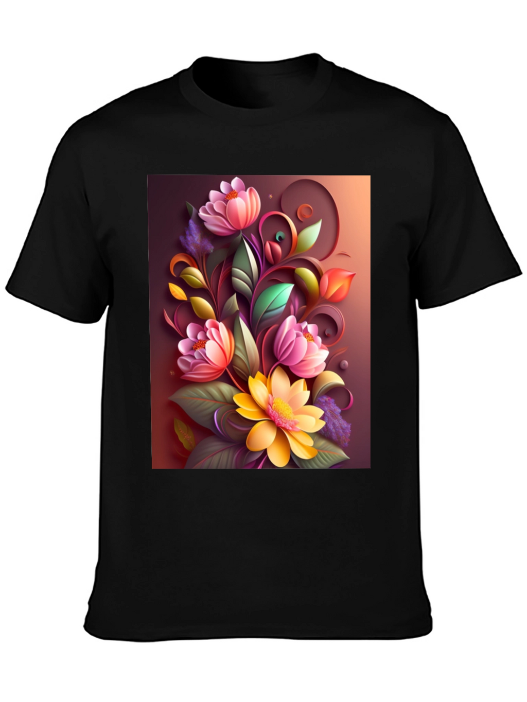 Floral Design Black T-Shirt