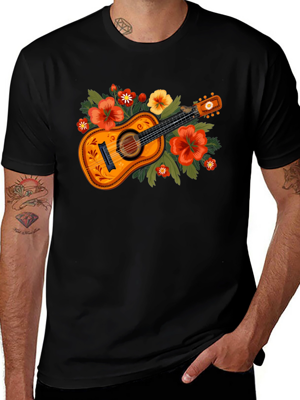 Floral Guitar Graphic Tee - Music Lovers T-Shirt