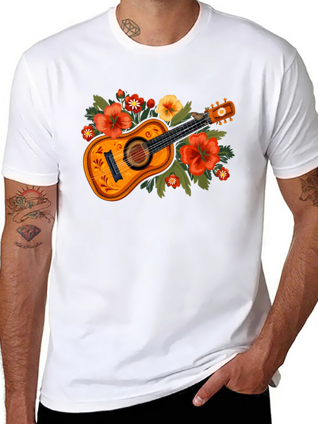Floral Guitar Graphic Tee - Music Lovers T-Shirt
