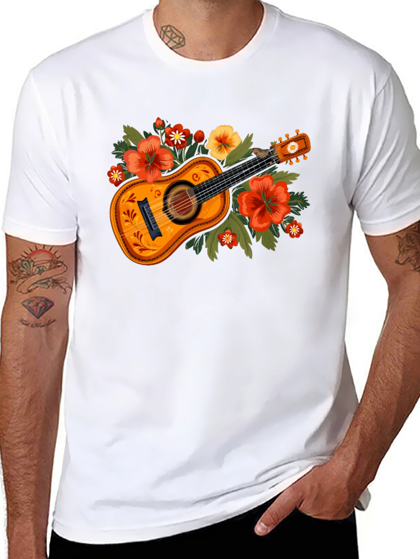 Floral Guitar Graphic Tee - Music Lovers T-Shirt