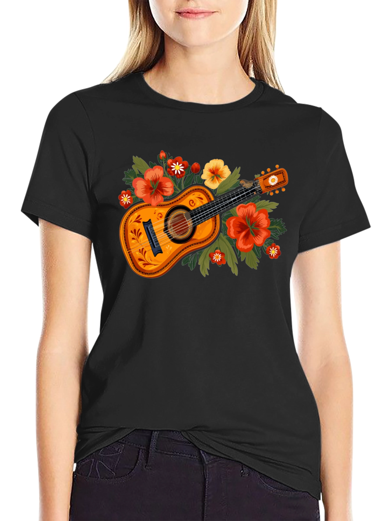 Floral Guitar Graphic Tee - Music Lovers T-Shirt