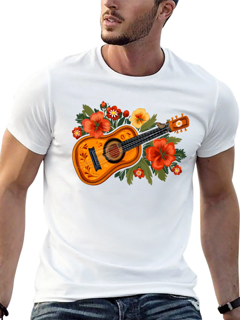 Floral Guitar Graphic Tee - Music Lovers T-Shirt
