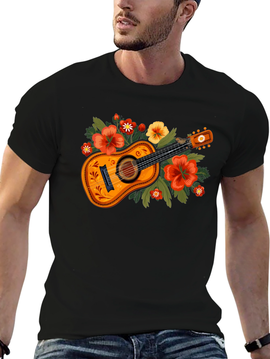 Floral Guitar Graphic Tee - Music Lovers T-Shirt