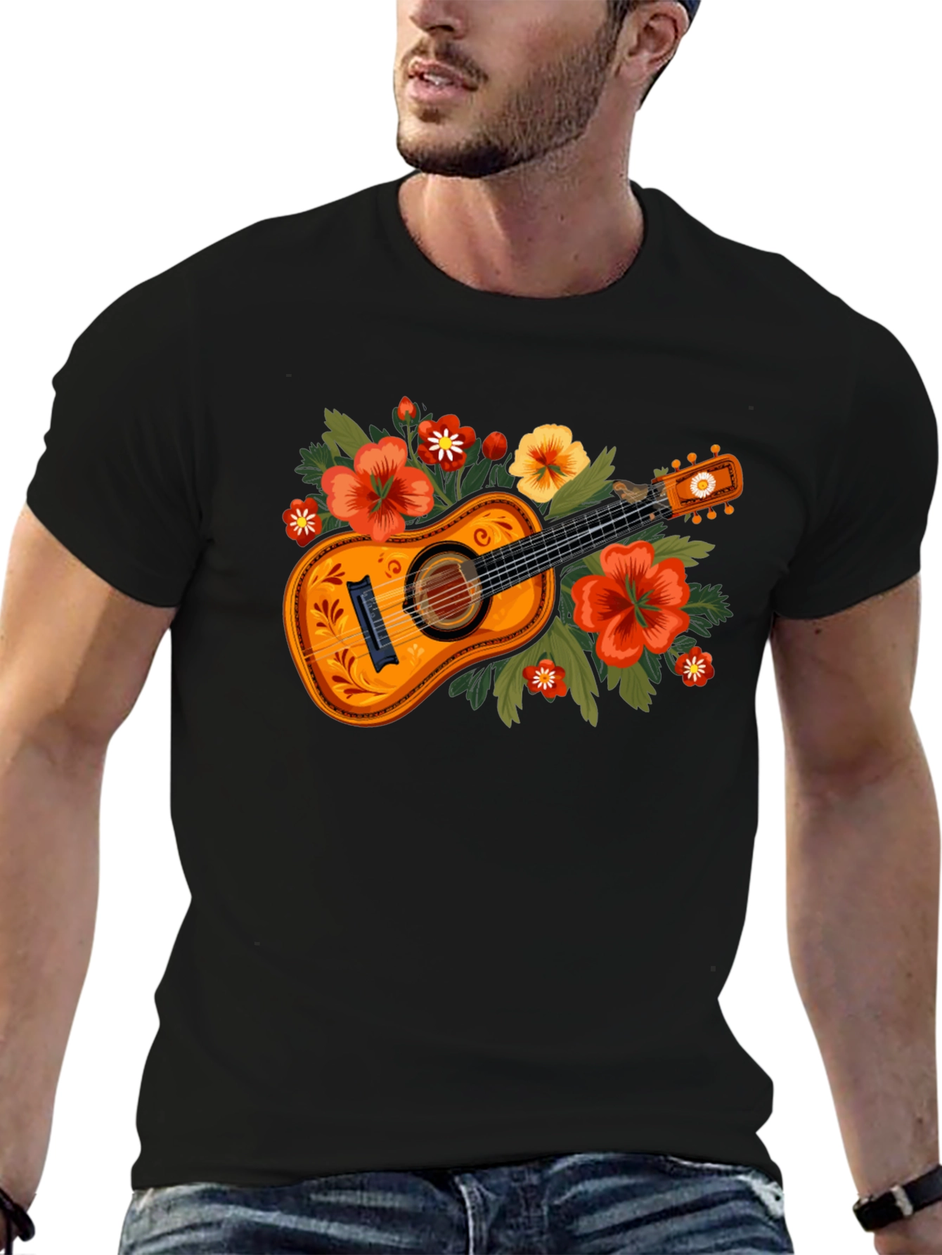 Floral Guitar Graphic Tee - Music Lovers T-Shirt