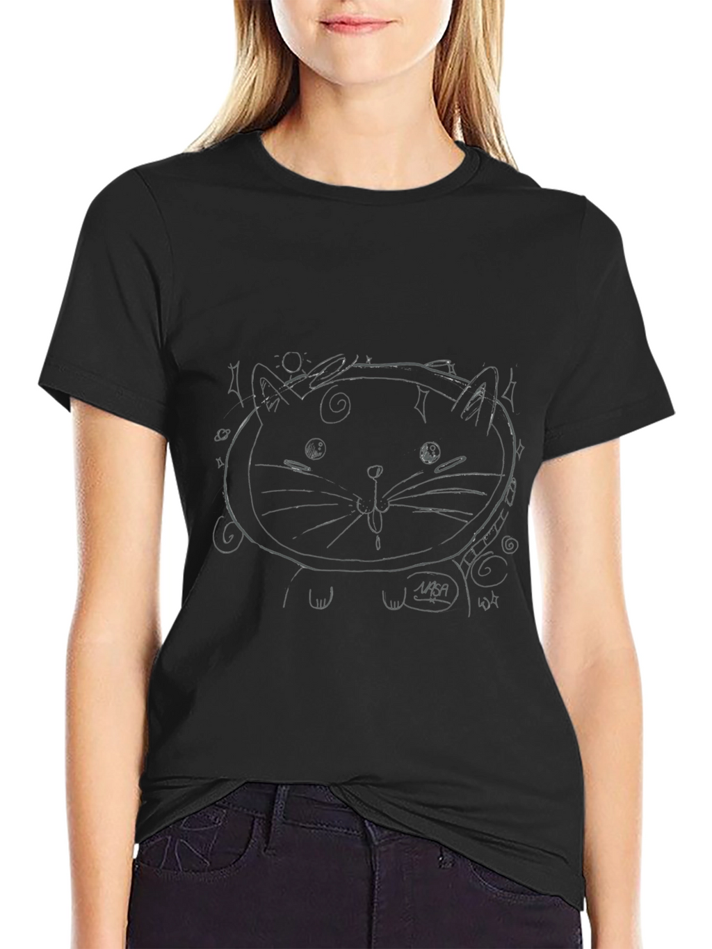 Cool Black Tee with Cat Astronaut Graphic