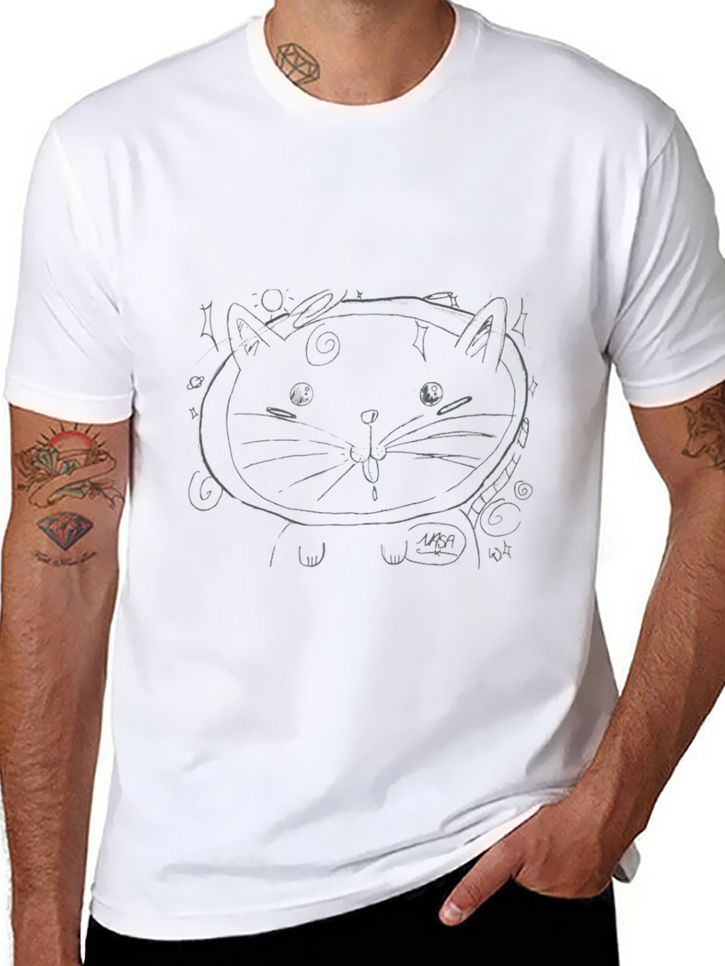 Cool Black Tee with Cat Astronaut Graphic