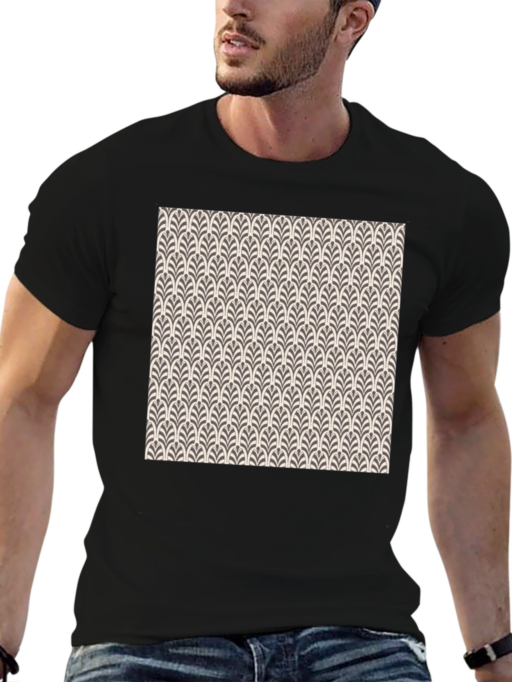 Art Deco Pattern Black Cotton T-Shirt