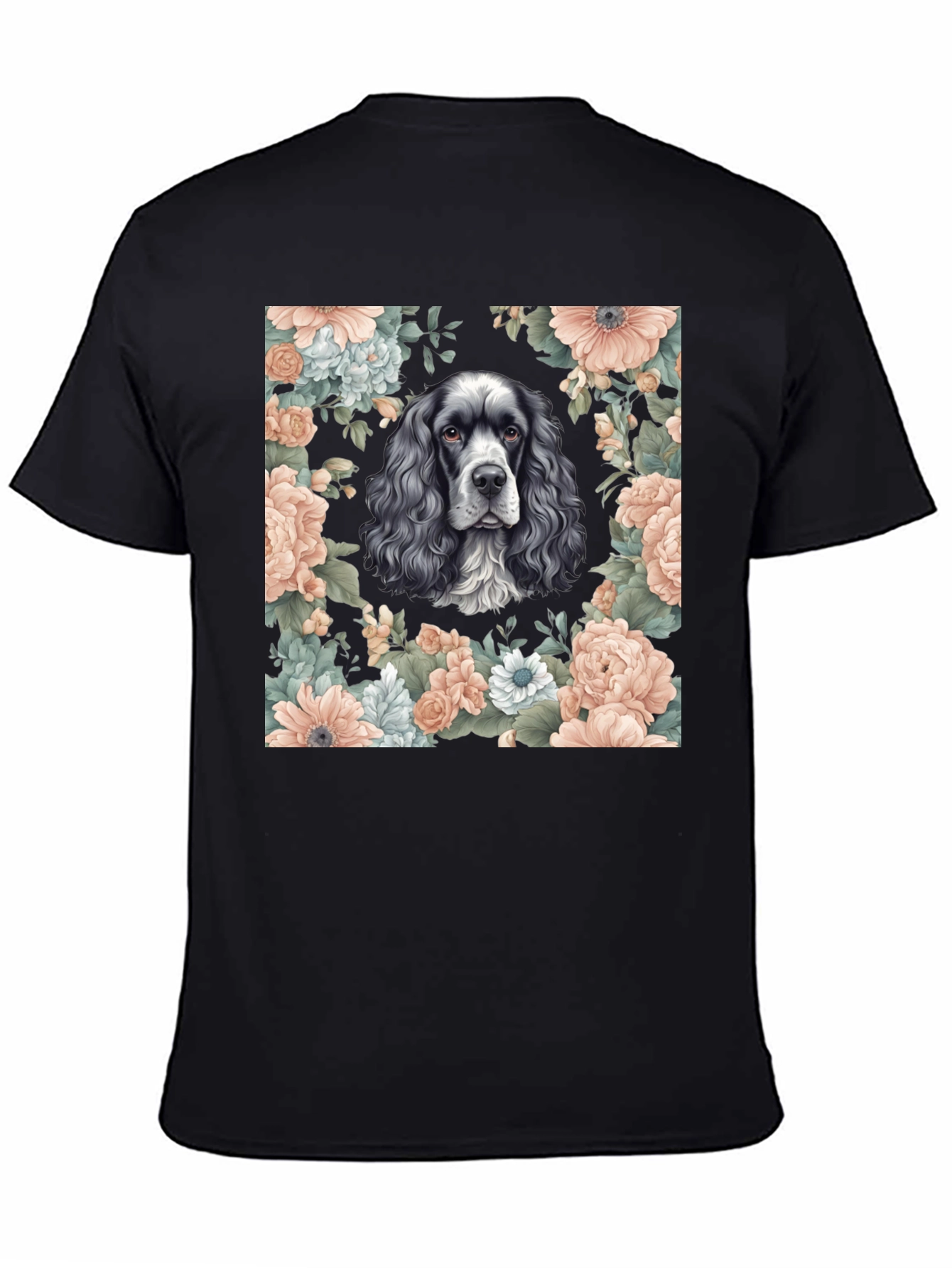 Dog & Floral Print Black T-Shirt