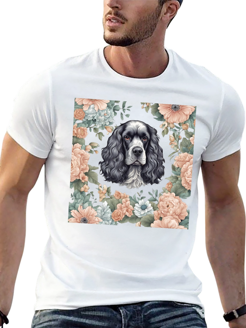 Dog & Floral Print Black T-Shirt