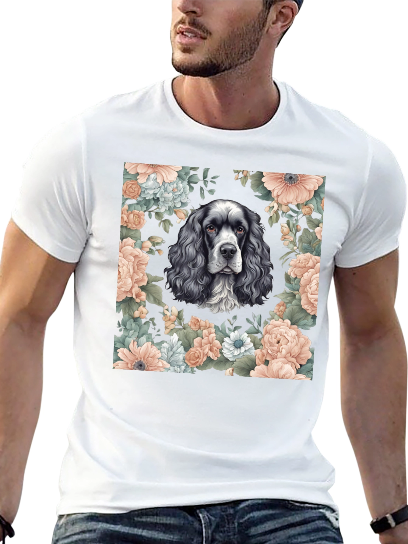 Dog & Floral Print Black T-Shirt