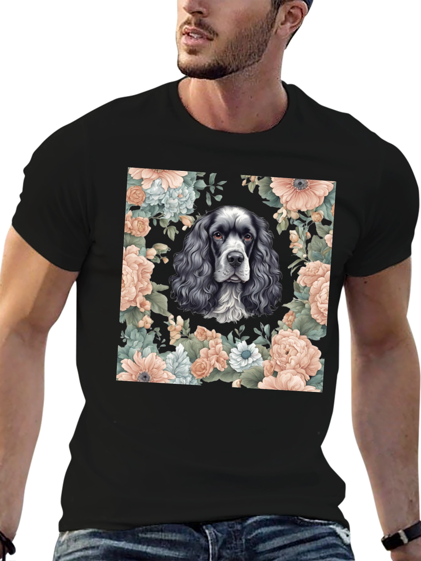 Dog & Floral Print Black T-Shirt