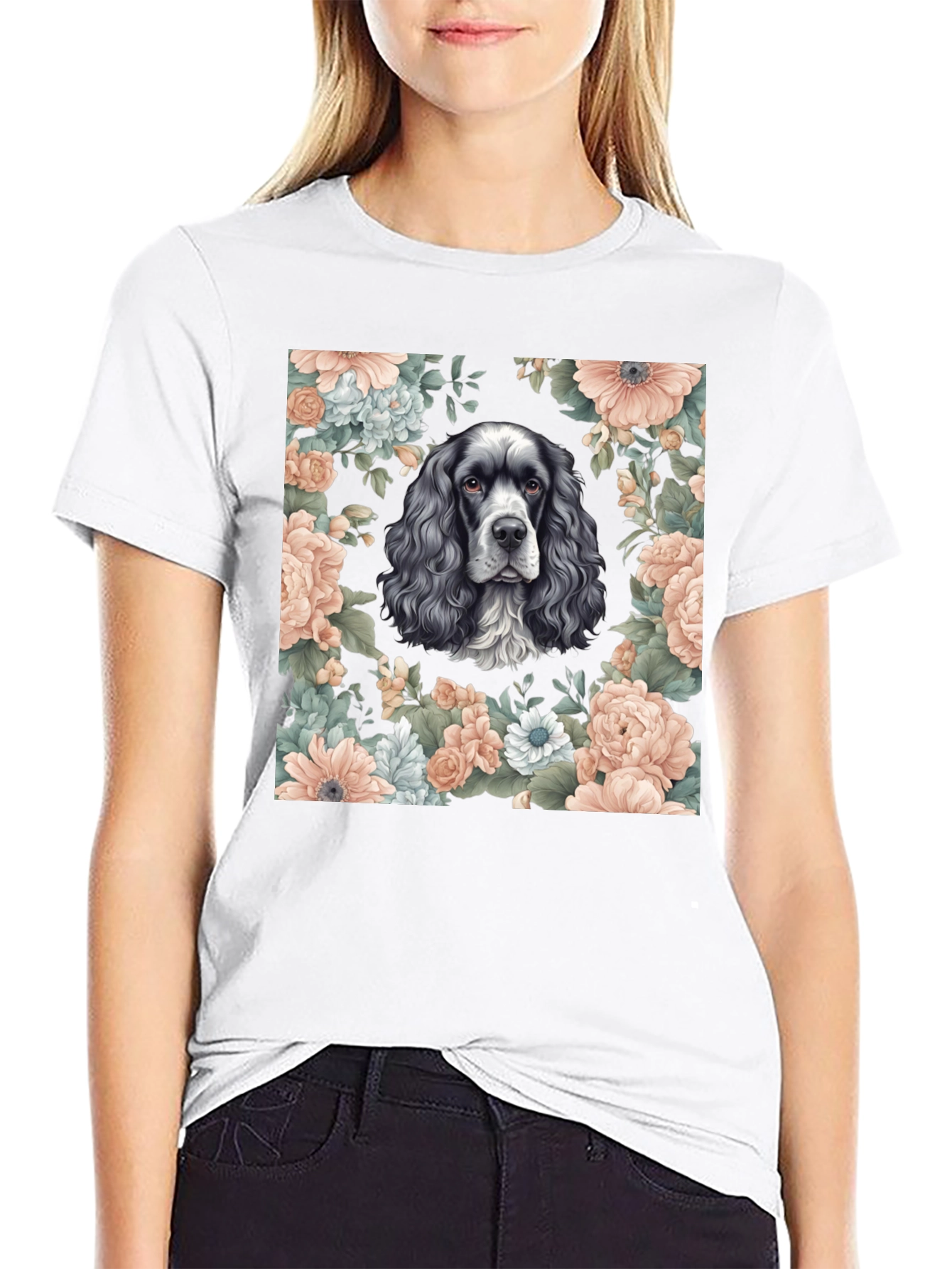 Dog & Floral Print Black T-Shirt