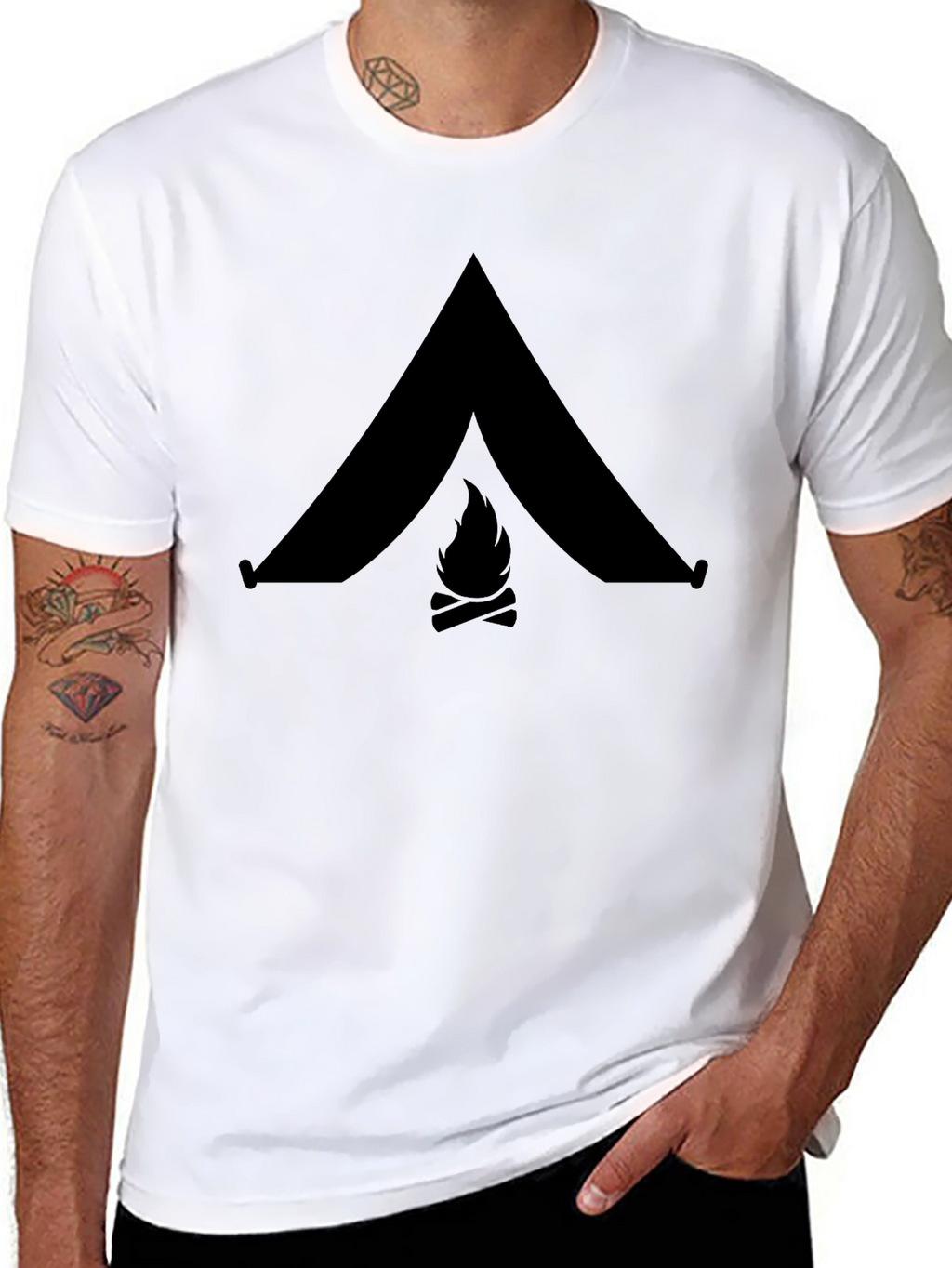 Camping Tent & Bonfire Graphic Black T-Shirt
