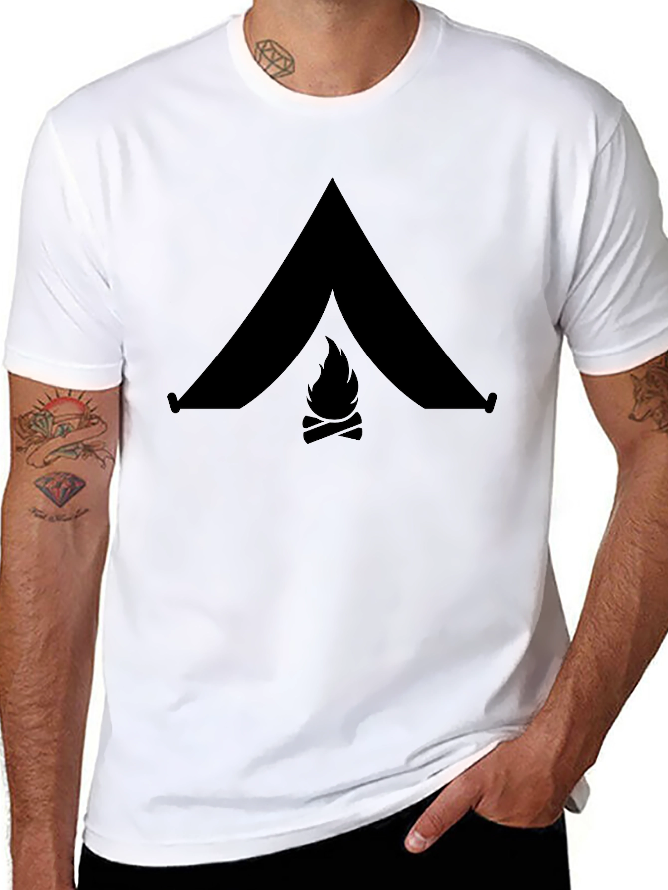 Camping Tent & Bonfire Graphic Black T-Shirt