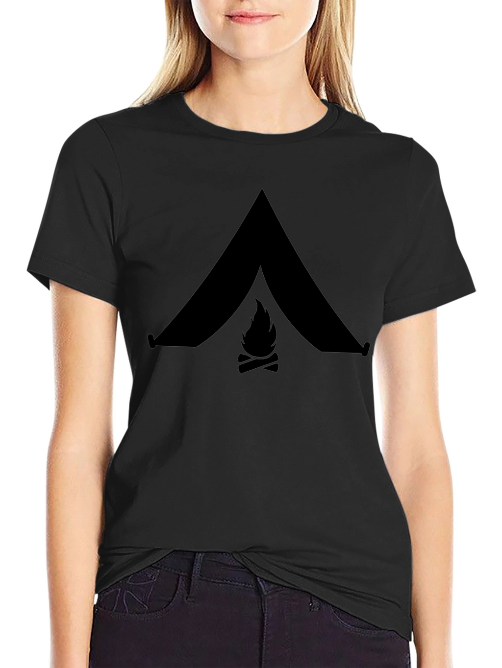Camping Tent & Bonfire Graphic Black T-Shirt