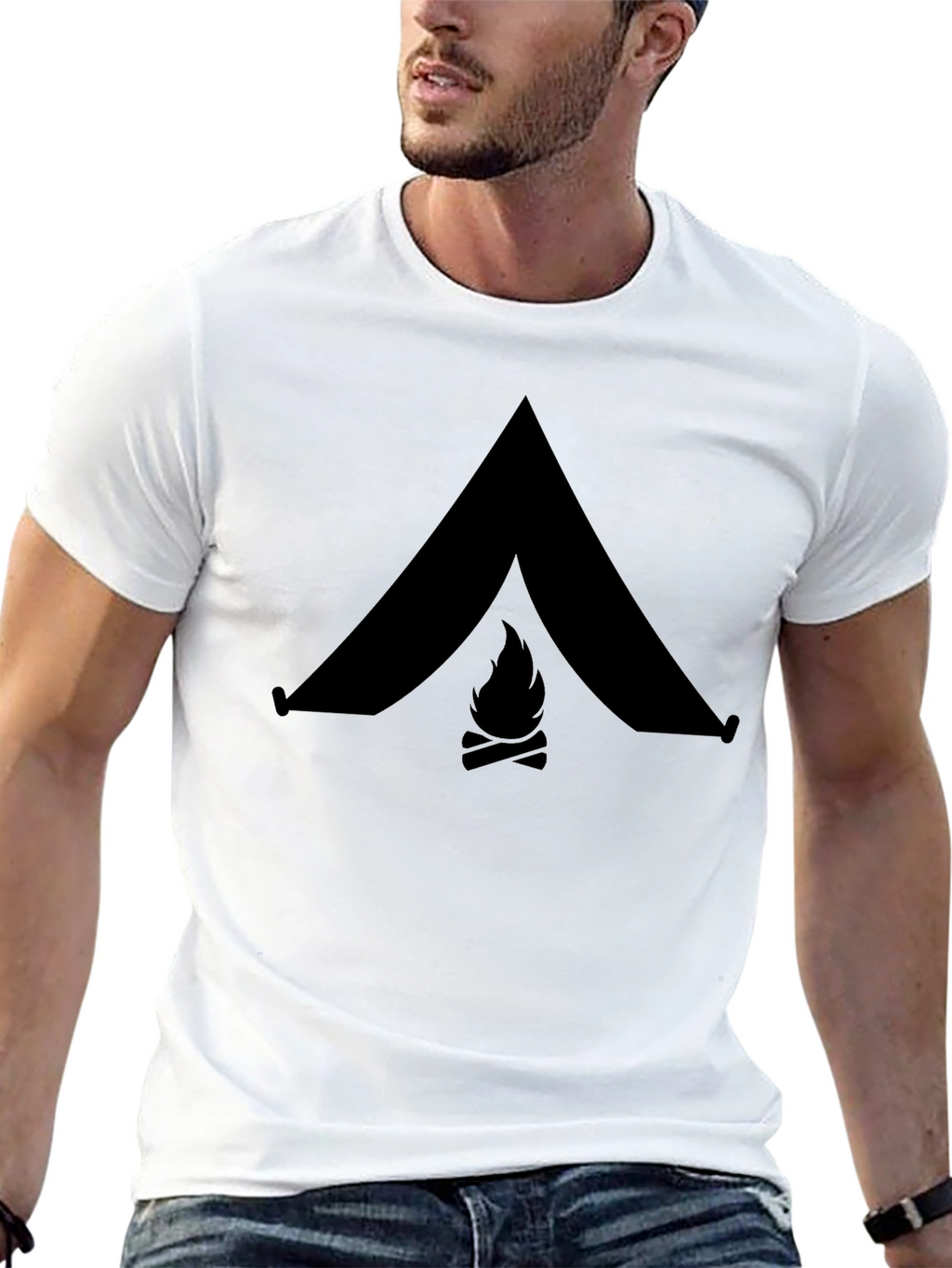Camping Tent & Bonfire Graphic Black T-Shirt