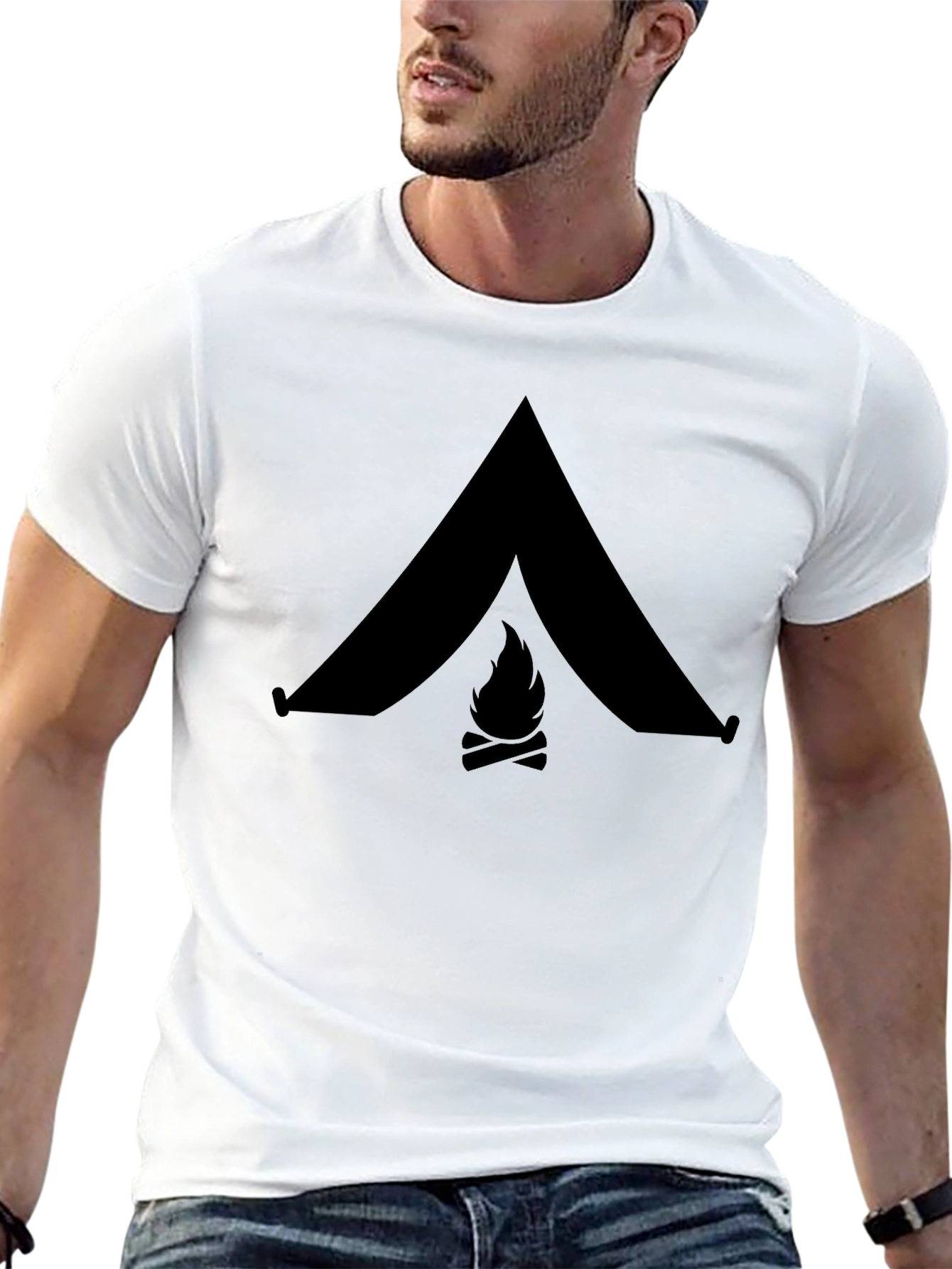 Camping Tent & Bonfire Graphic Black T-Shirt
