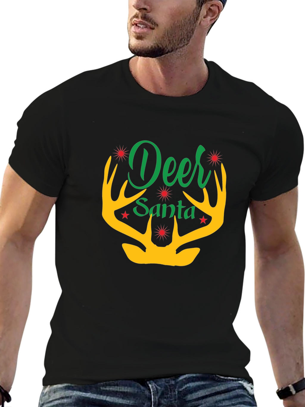 Deer Santa Graphic Tee - Holiday Festive Apparel