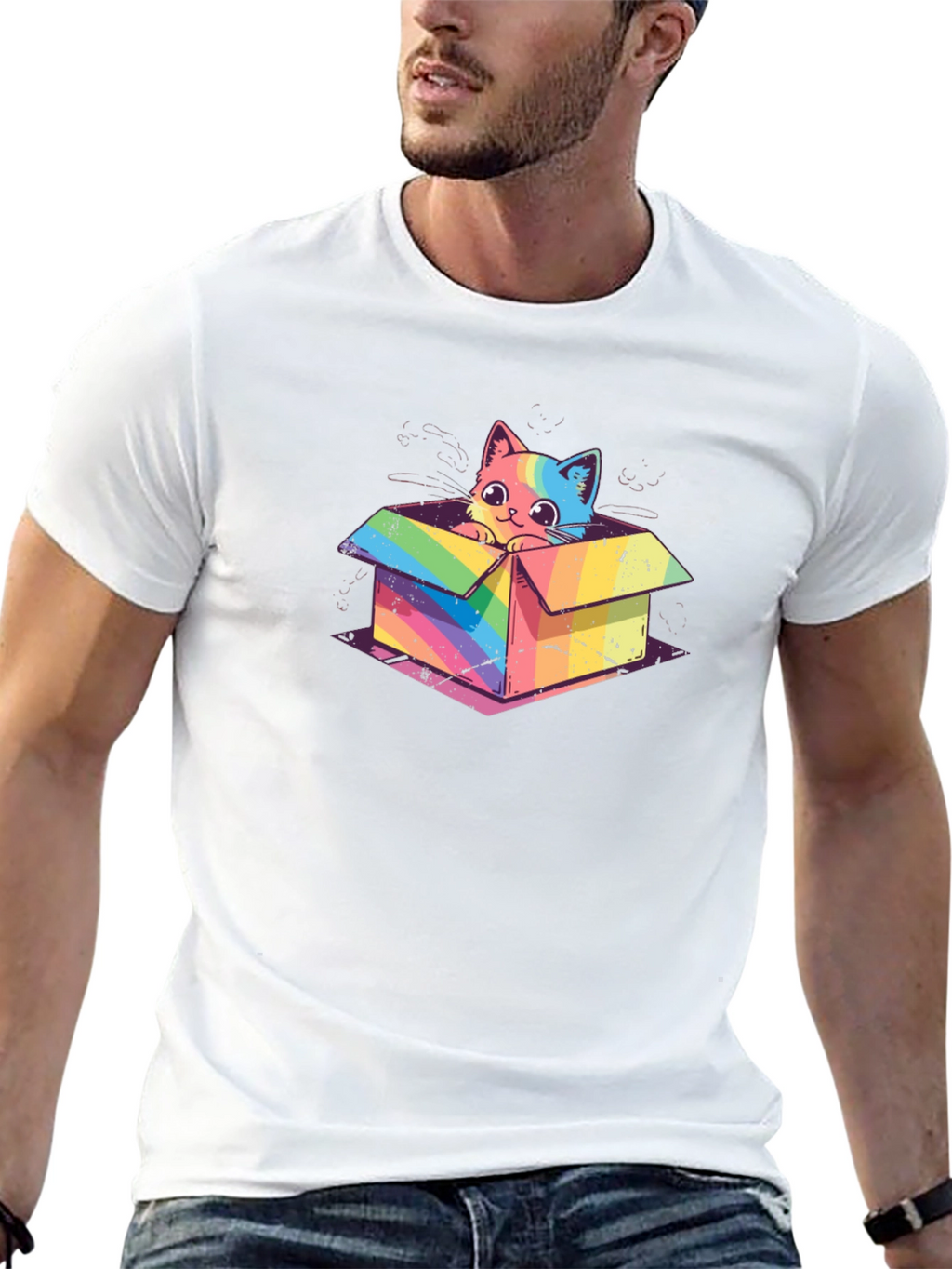 Rainbow Cat in Box T-Shirt - Unique Graphic Tee