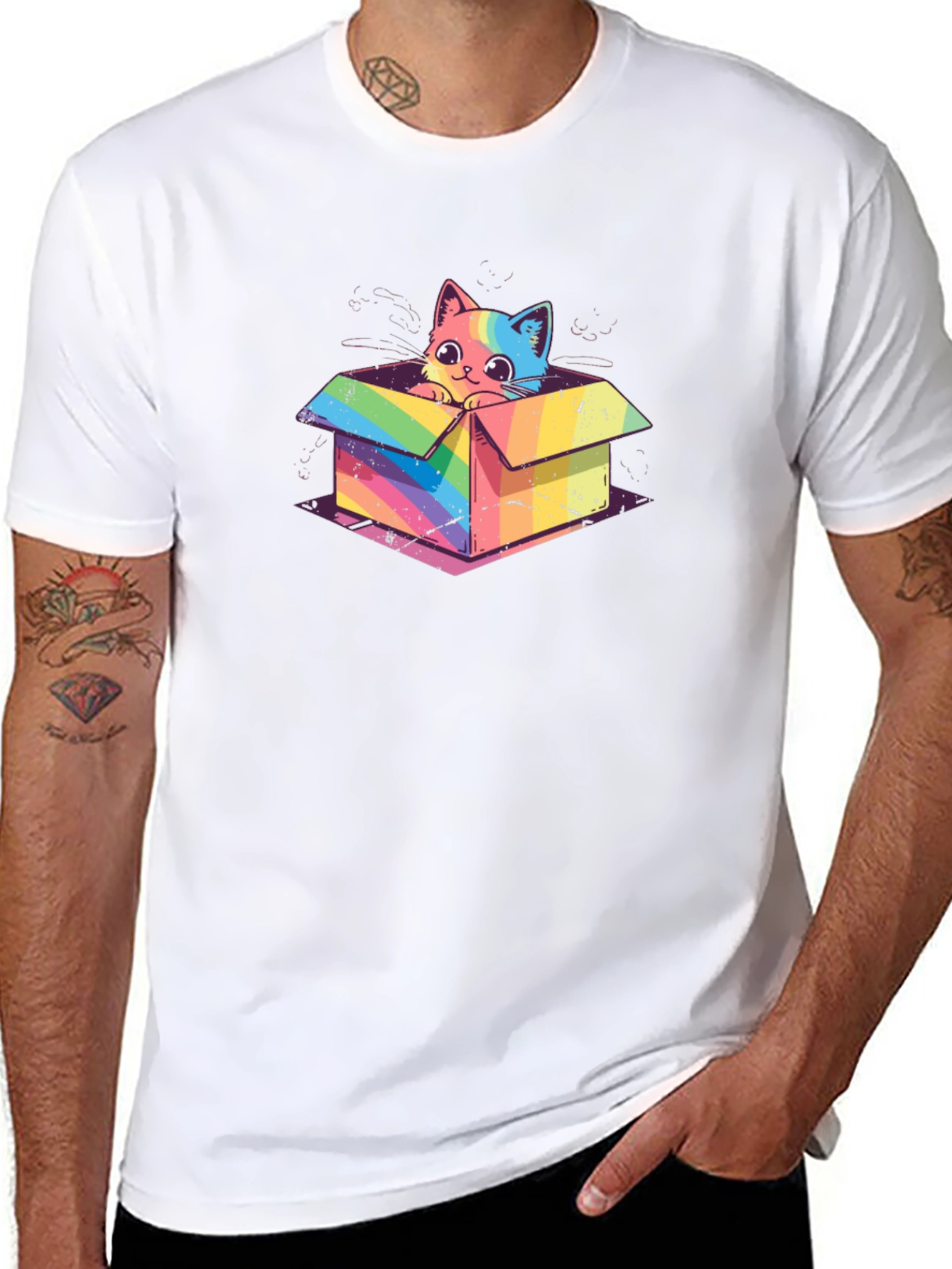 Rainbow Cat in Box T-Shirt - Unique Graphic Tee