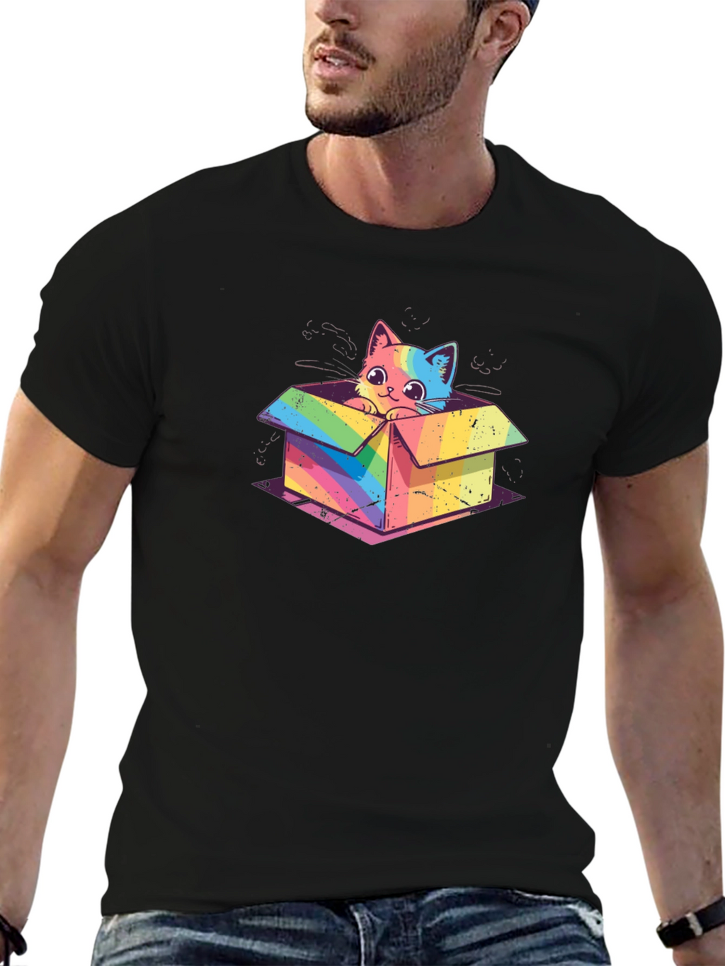 Rainbow Cat in Box T-Shirt - Unique Graphic Tee
