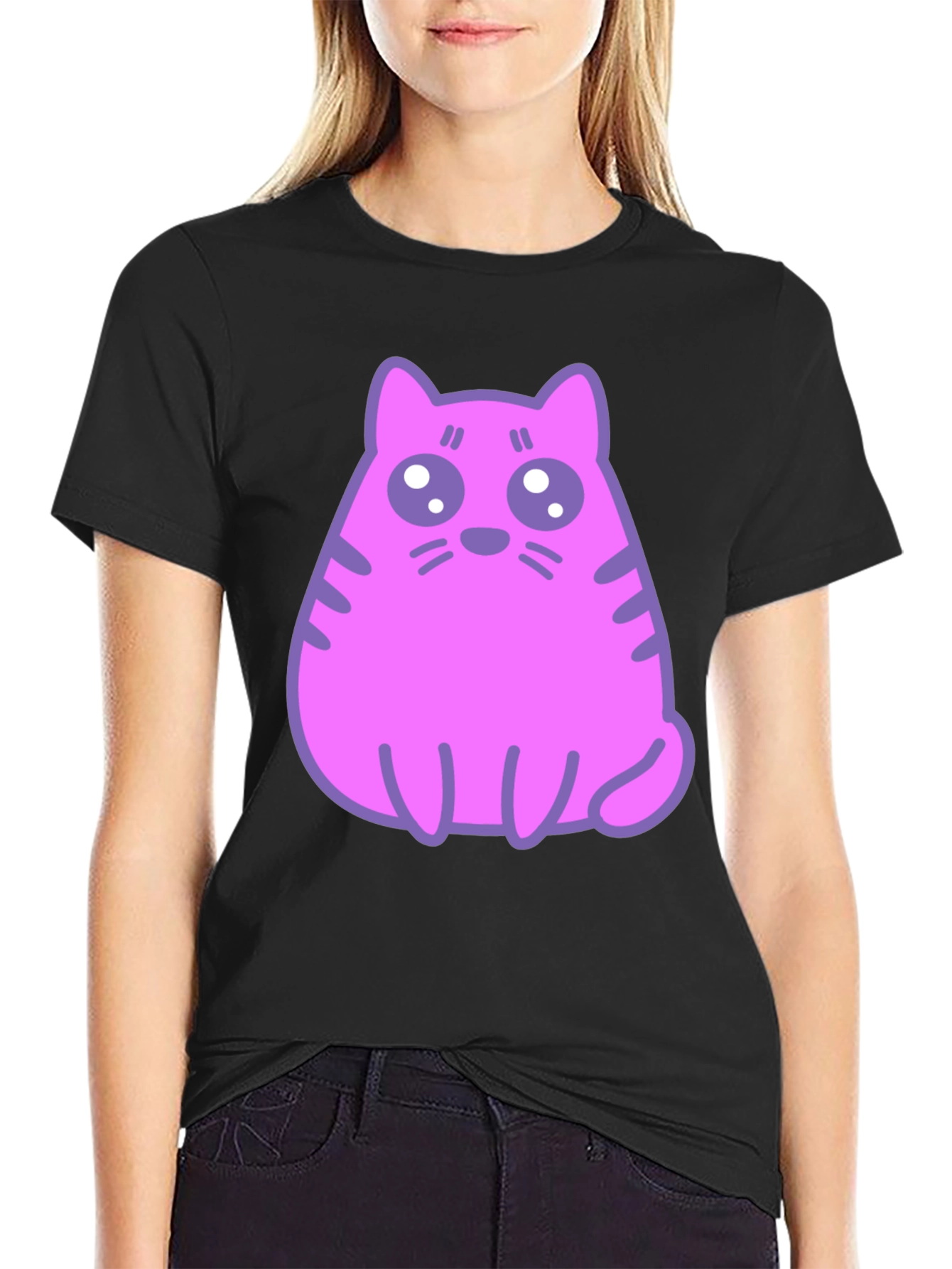 Cute Pink Cat Graphic T-Shirt - Black Cotton Blend Tee