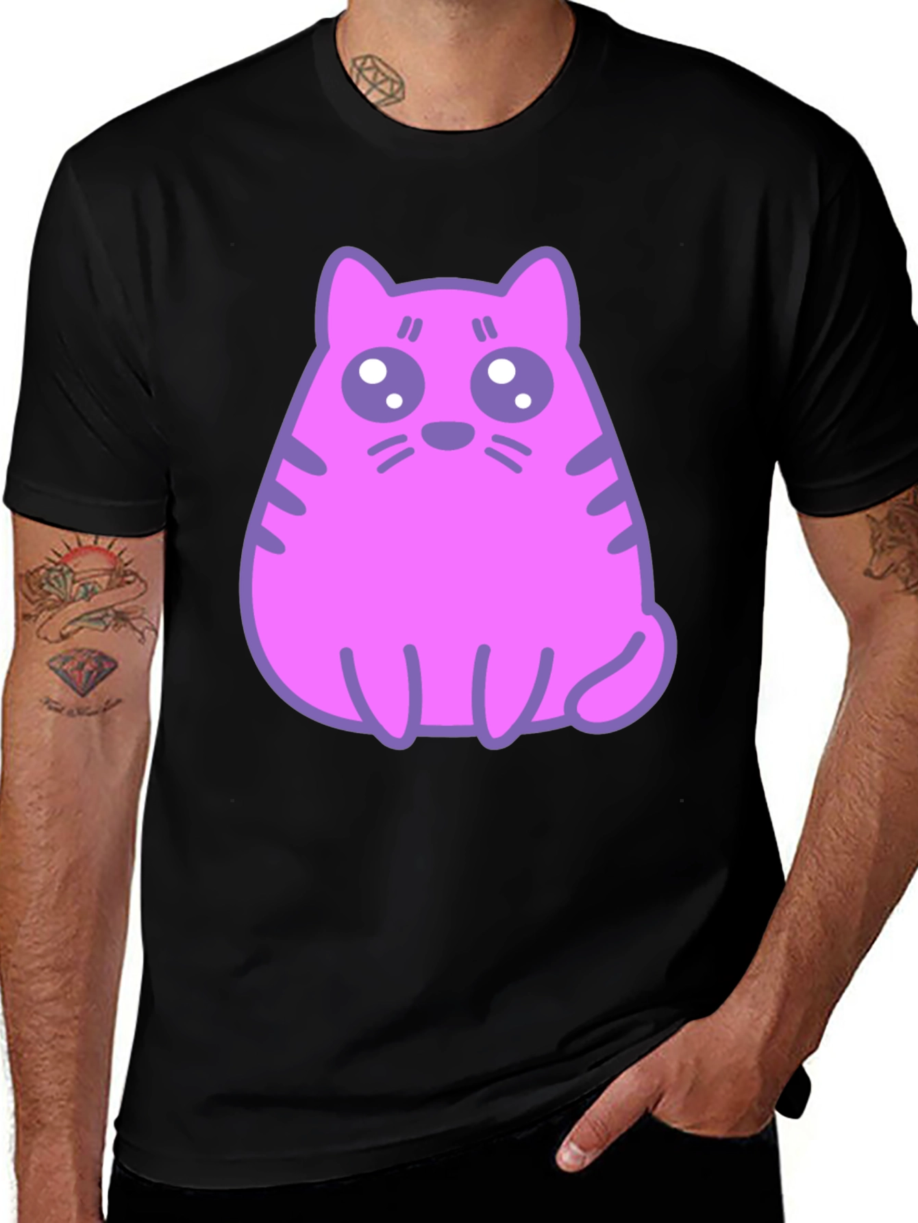 Cute Pink Cat Graphic T-Shirt - Black Cotton Blend Tee