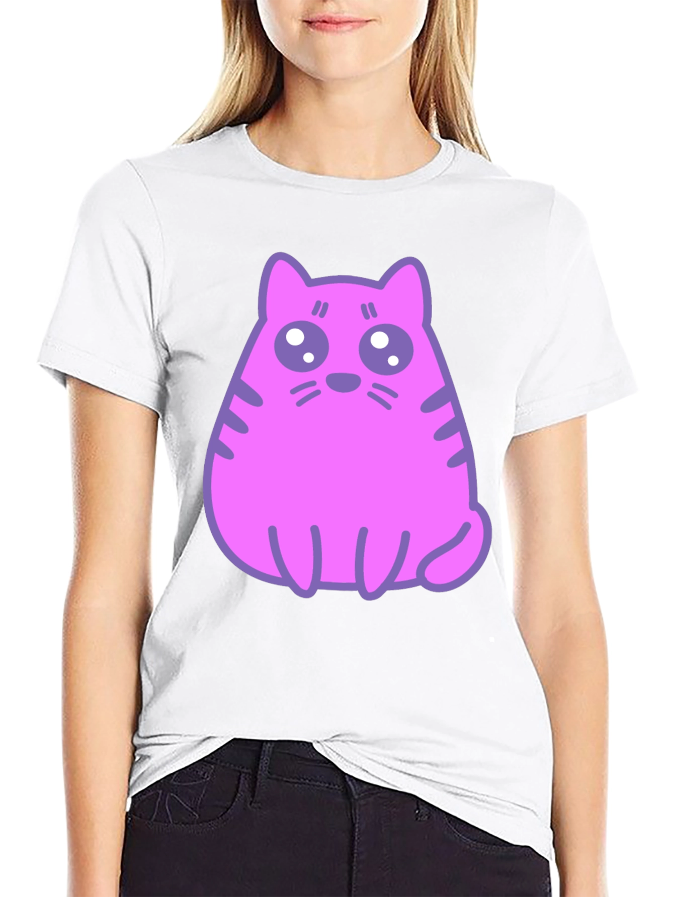Cute Pink Cat Graphic T-Shirt - Black Cotton Blend Tee