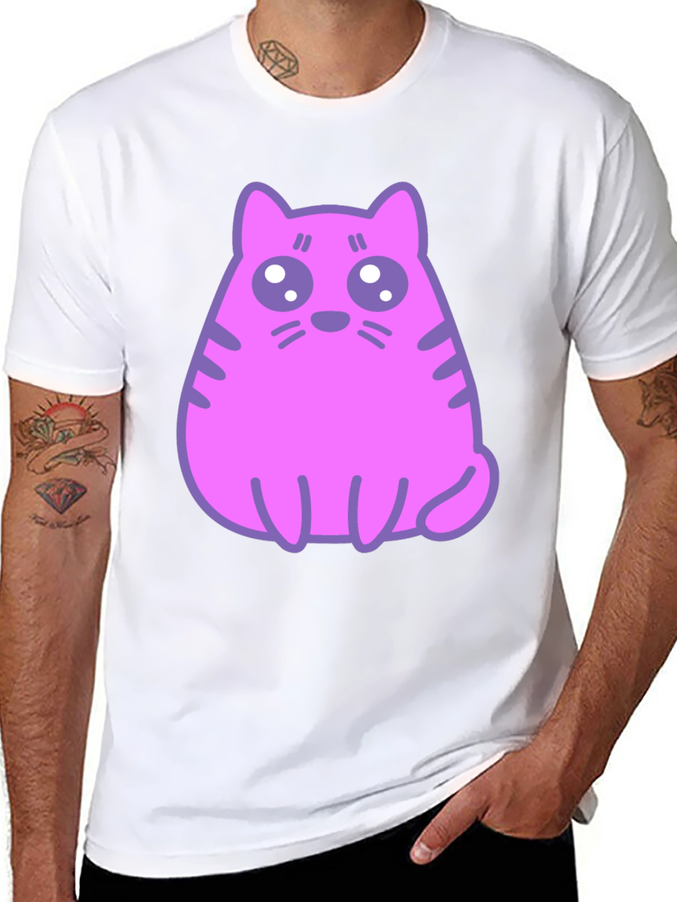 Cute Pink Cat Graphic T-Shirt - Black Cotton Blend Tee