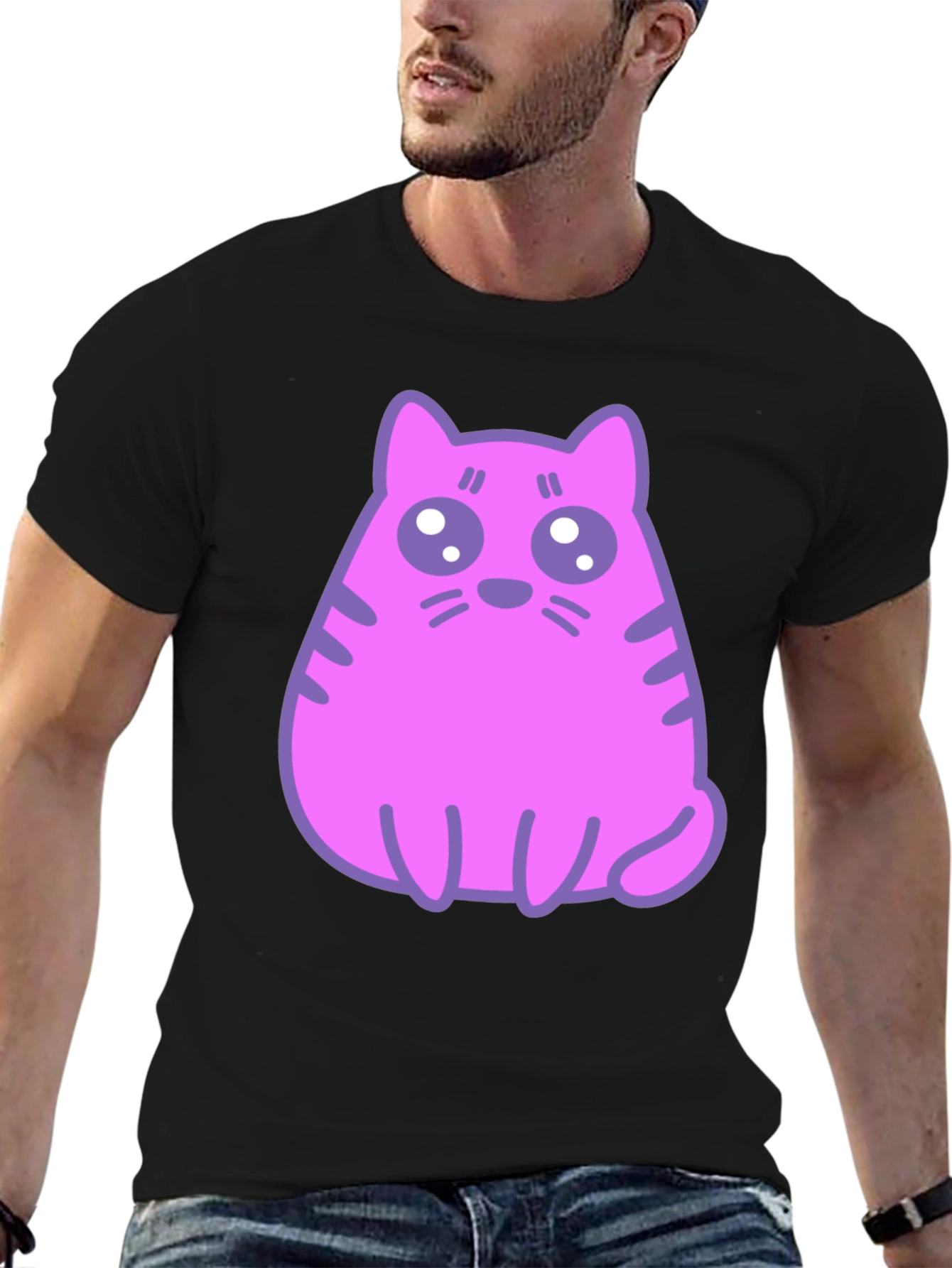 Cute Pink Cat Graphic T-Shirt - Black Cotton Blend Tee