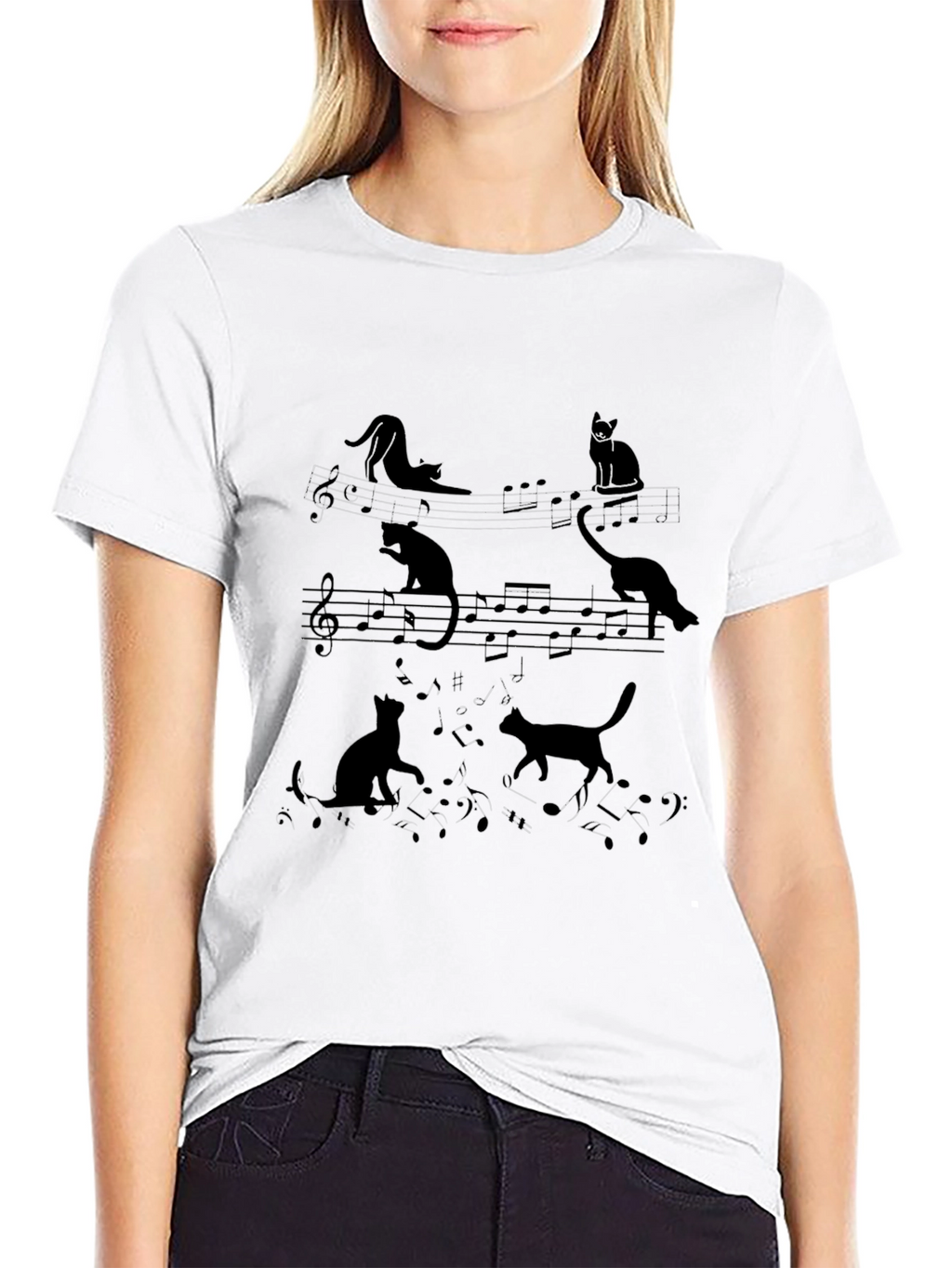Cats and Music Notes Black T-Shirt