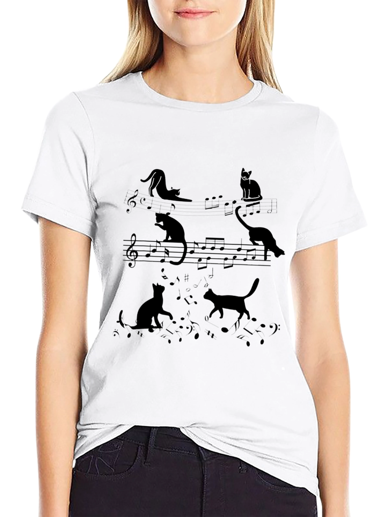 Cats and Music Notes Black T-Shirt