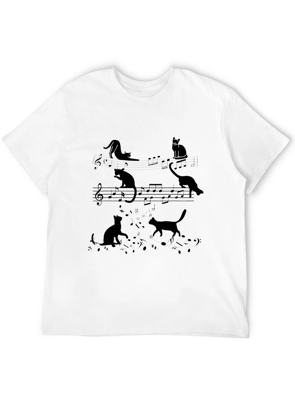 Cats and Music Notes Black T-Shirt