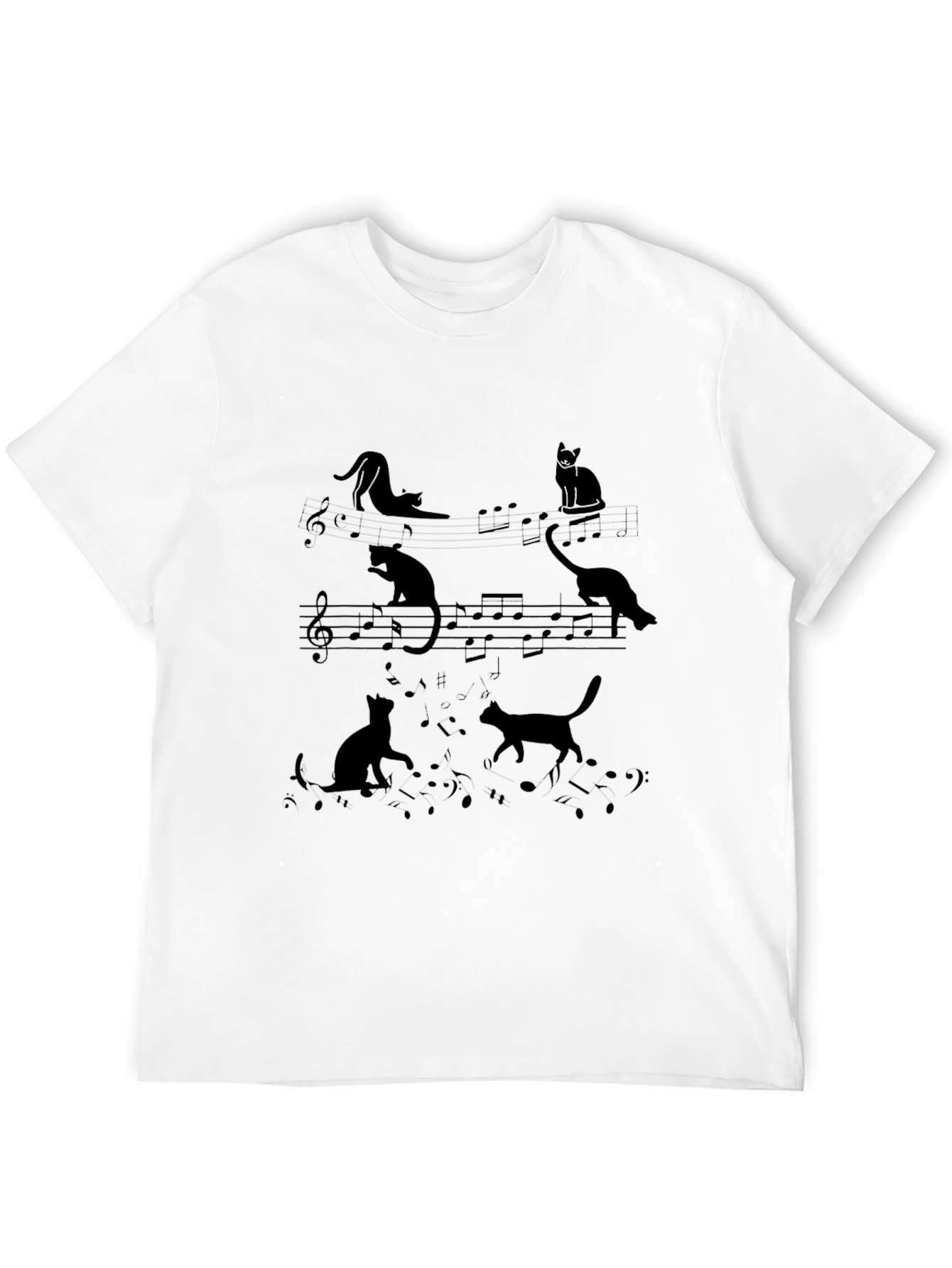 Cats and Music Notes Black T-Shirt