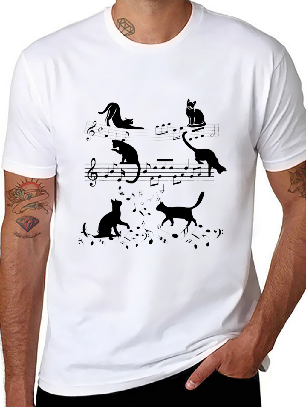 Cats and Music Notes Black T-Shirt