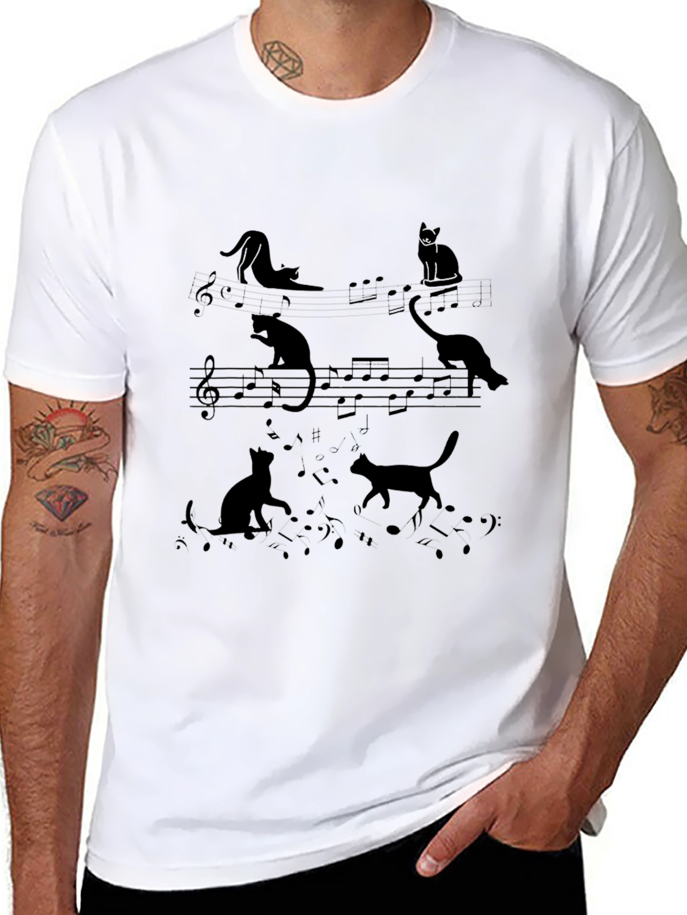 Cats and Music Notes Black T-Shirt