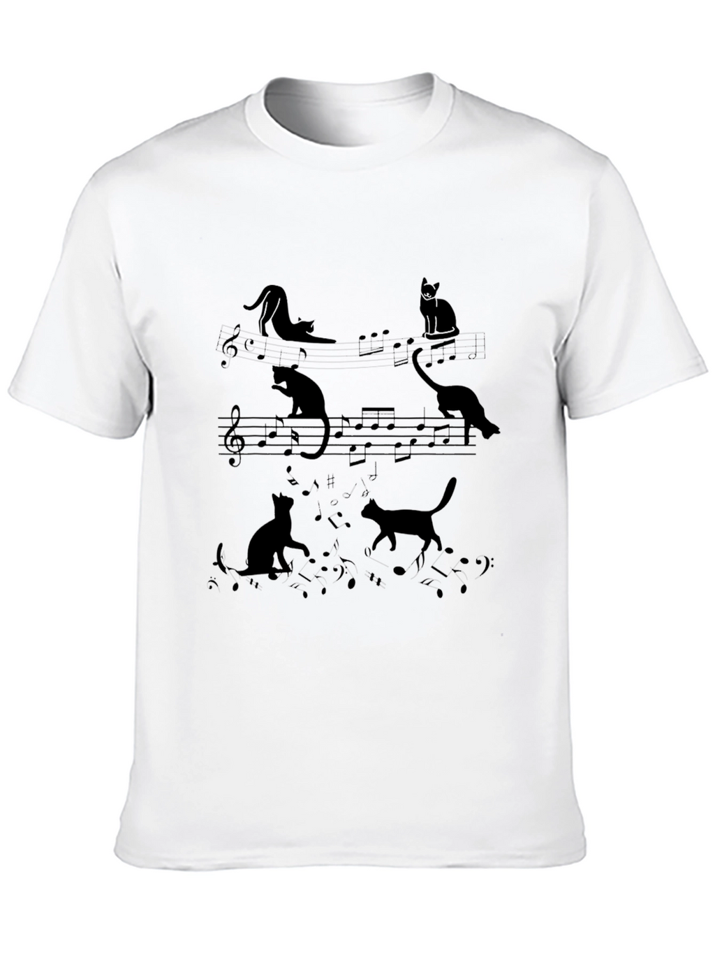 Cats and Music Notes Black T-Shirt
