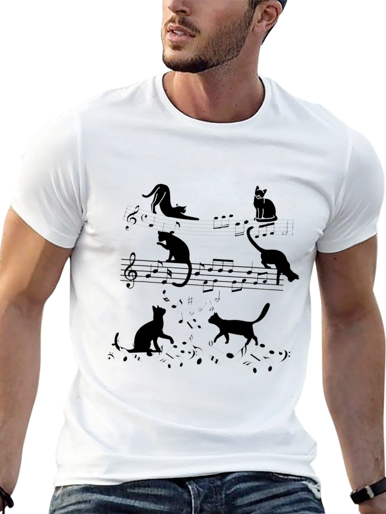 Cats and Music Notes Black T-Shirt