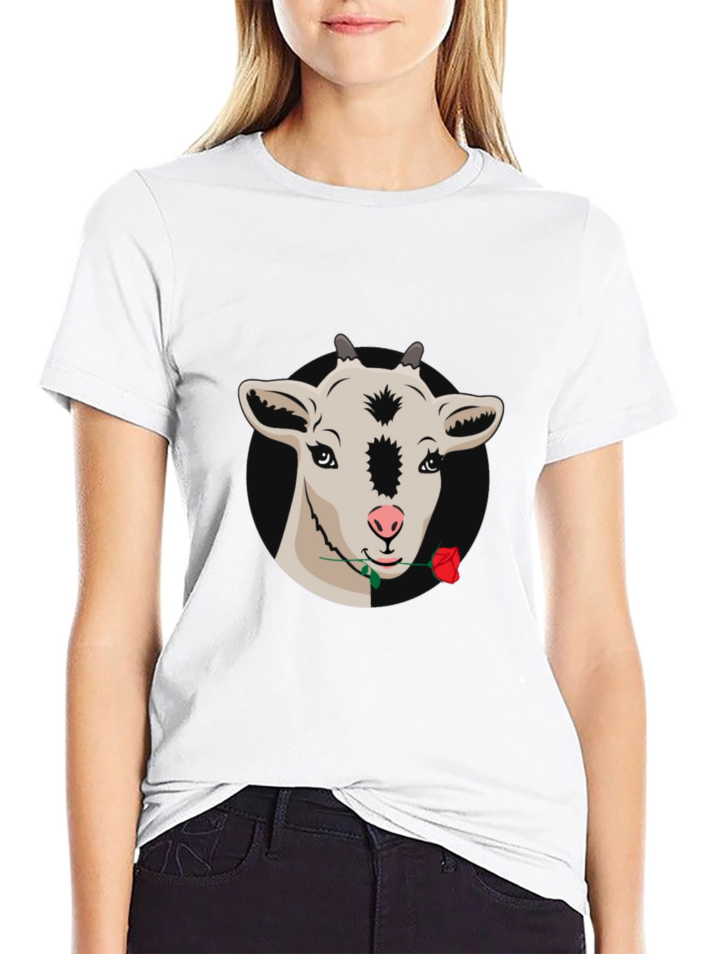Goat with Rose Graphic Tee - Black Casual T-Shirt