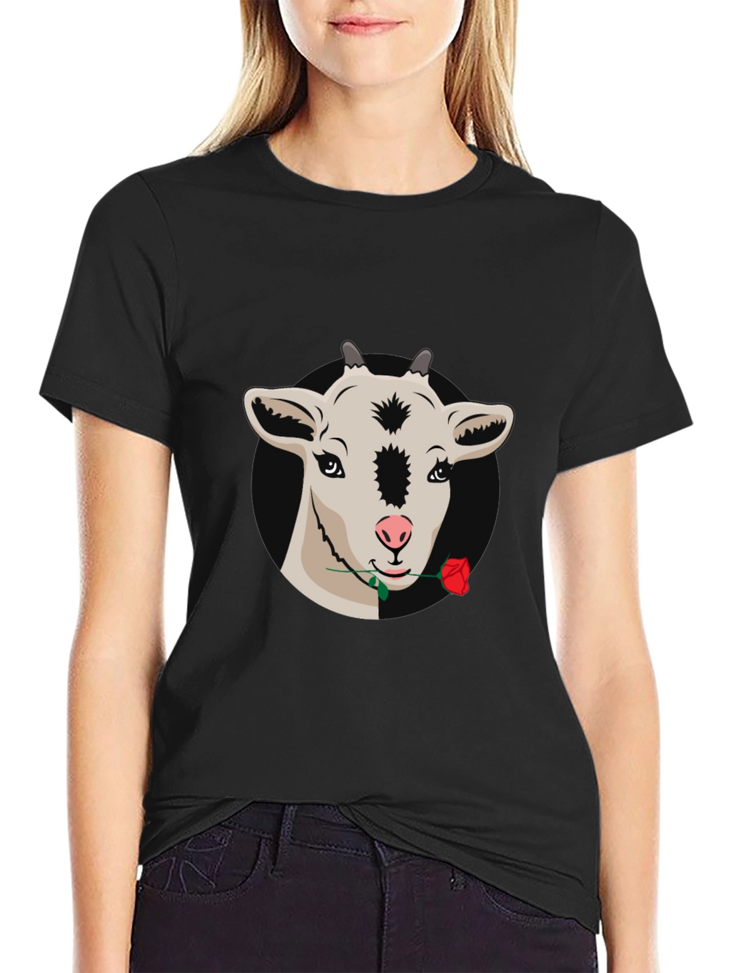 Goat with Rose Graphic Tee - Black Casual T-Shirt