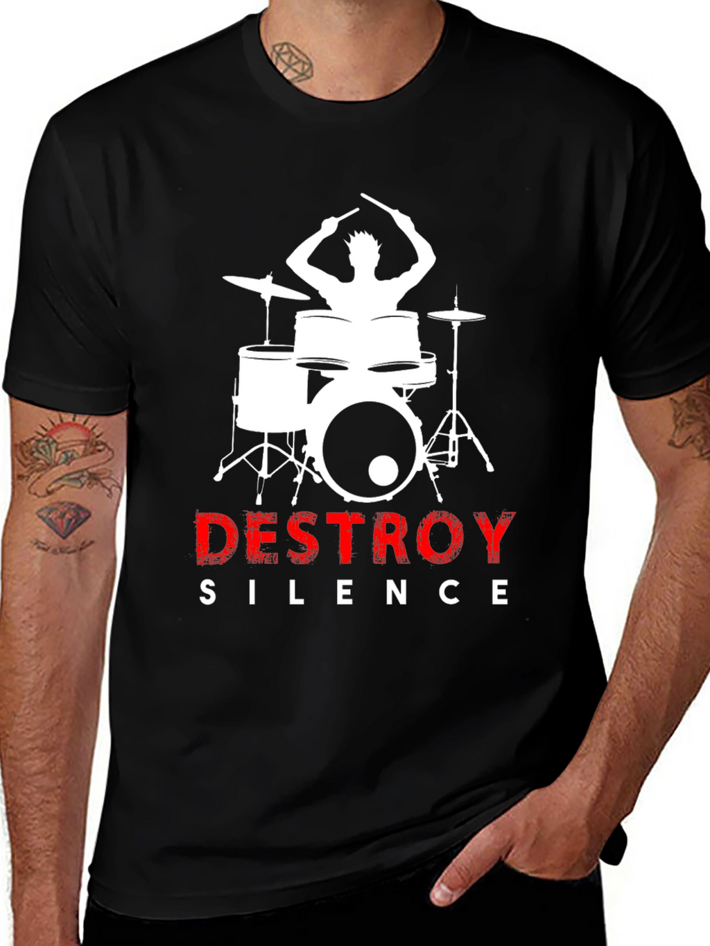Destroy Silence Drummer Graphic Tee - Black Cotton