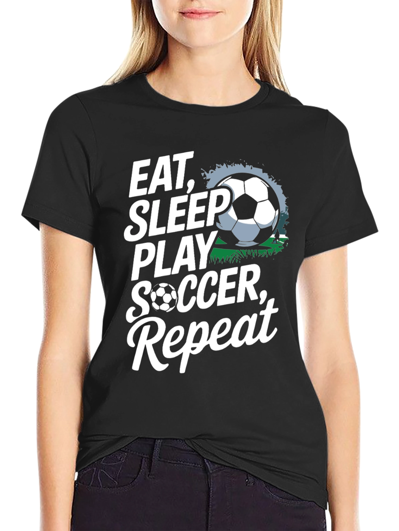 Eat Sleep Play Soccer Repeat Black Graphic Tee